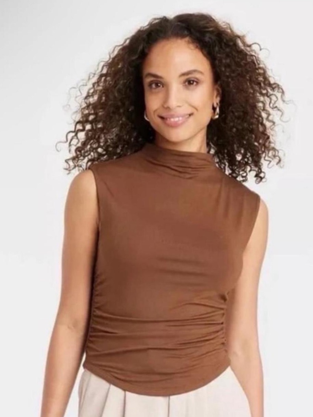 Sleeveless Mock Neck Ruched Top in Brown